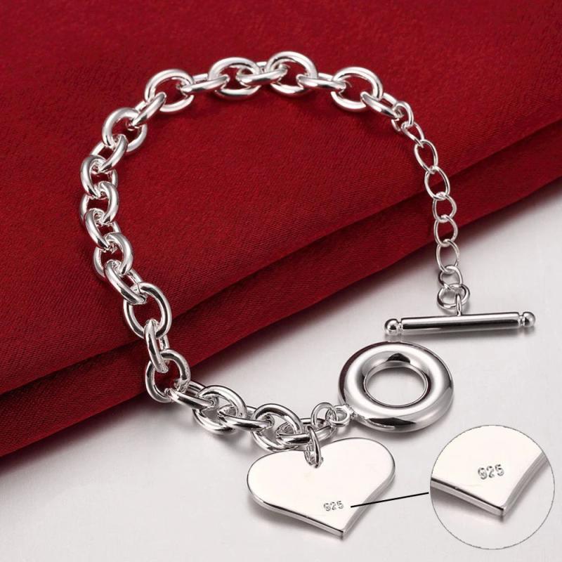 925 Sterling Silver Heart Chain Bangle Bracelet