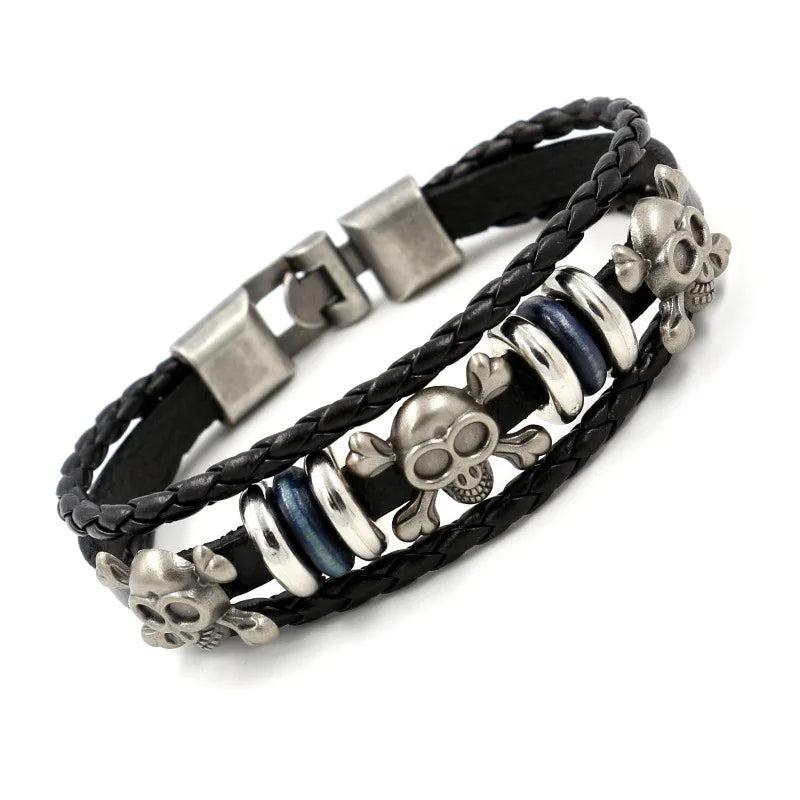 Men's Leather Skull Bracelet 925 Silver Punk Style