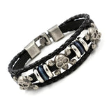 Men's Leather Skull Bracelet 925 Silver Punk Style