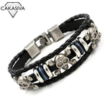Men's Leather Skull Bracelet 925 Silver Punk Style