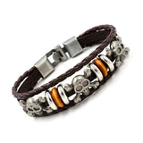 Men's Leather Skull Bracelet 925 Silver Punk Style