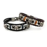 Men's Leather Skull Bracelet 925 Silver Punk Style