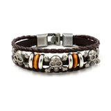 Men's Leather Skull Bracelet 925 Silver Punk Style