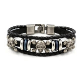 Men's Leather Skull Bracelet 925 Silver Punk Style