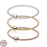 925 Sterling Silver Rose Woven Round Buckle Snake Bone Chain Bracelet