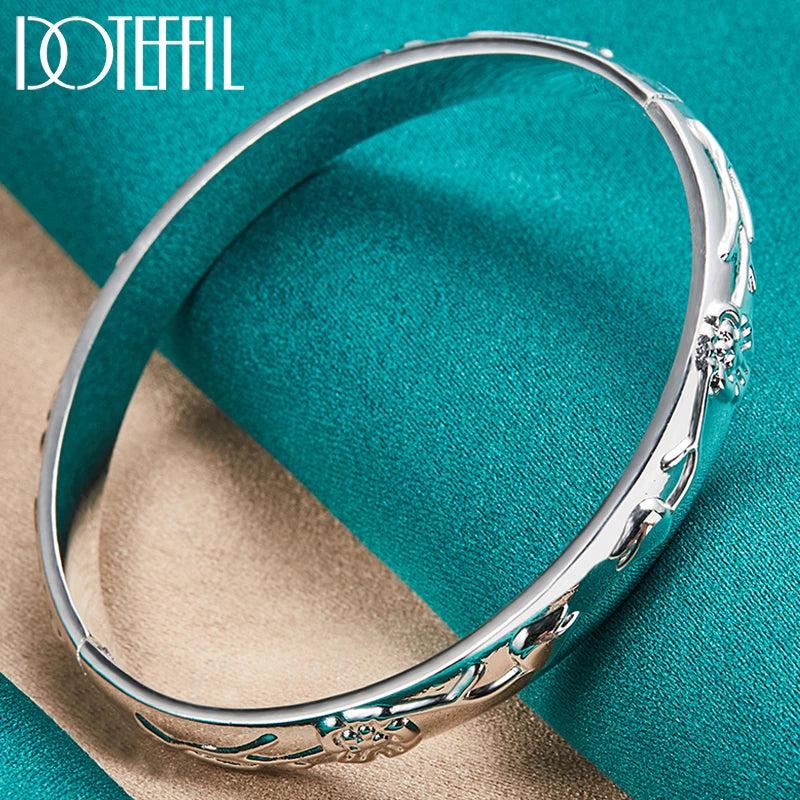 925 Silver Rose Cuff Bangle Bracelet Women Wedding Engagement Jewelry