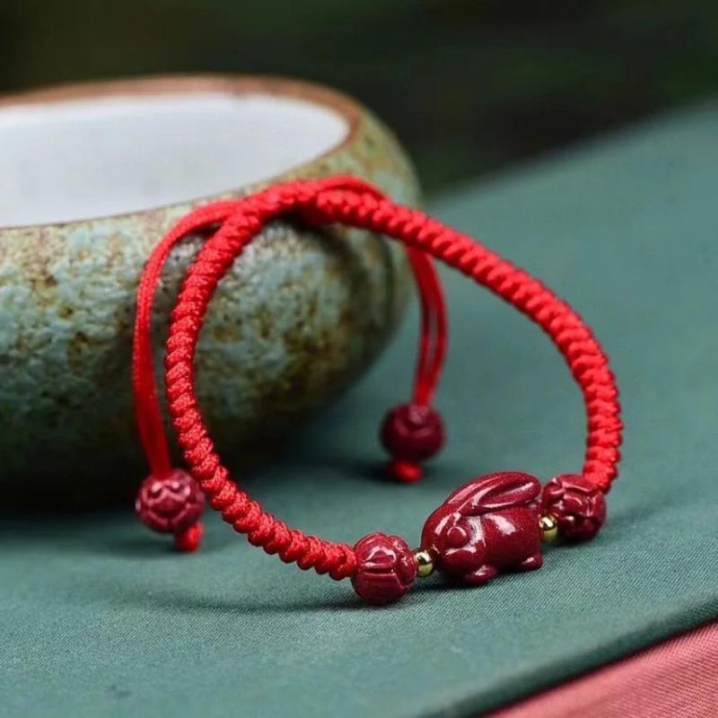 Vintage Chinese Vermilion Rabbit Bracelet Charm Natural Stone Bangle