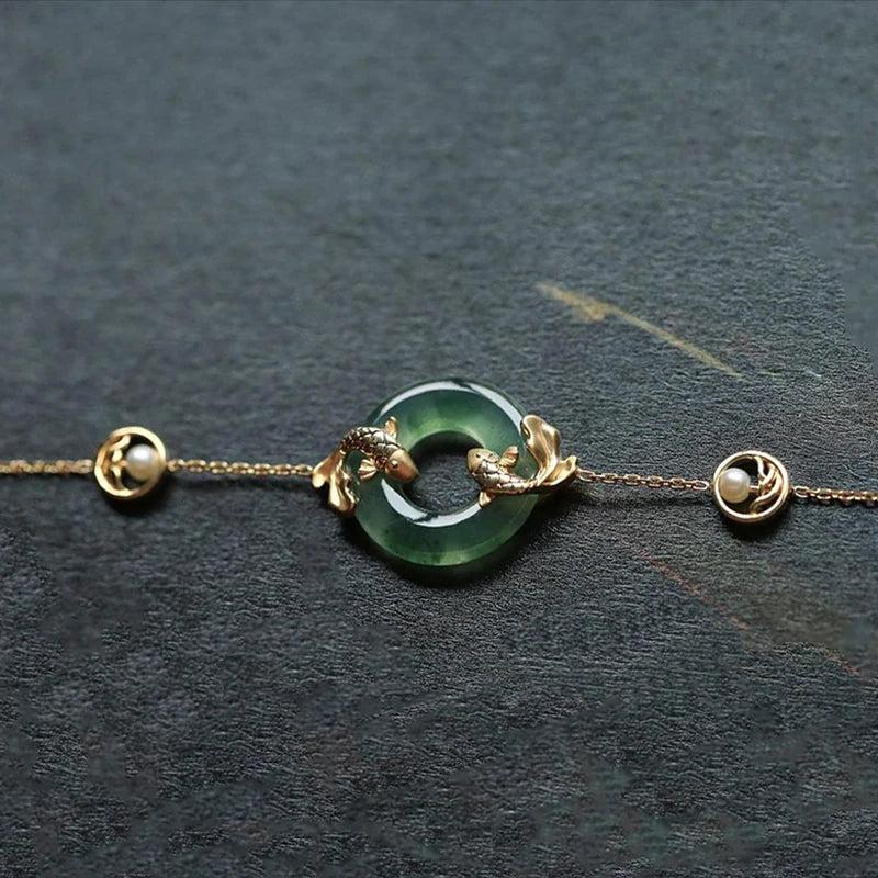 Vintage Natural Hetian Chalcedony Round Carp Pearl Bracelet