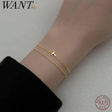 925 Silver Double Chain Cross Bead Bracelet for Women Charm Statement Jewelry