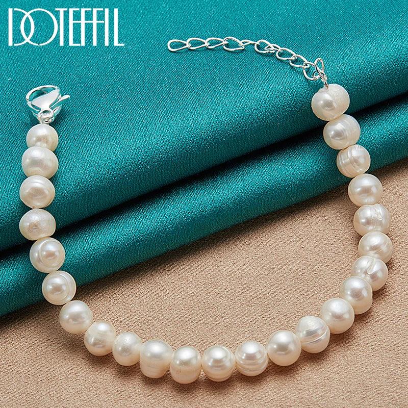 8mm Pearl Bracelet 925 Silver Buckle Wedding Party Jewelry