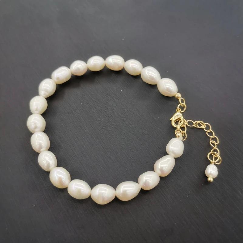 7mm Oval Natural Freshwater Pearl Bracelet 14K Filled Chain Pearls Women Gift