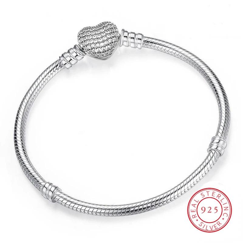 925 Sterling Silver Snake Chain Bracelet with Heart Clasp for Women