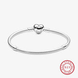 925 Sterling Silver Snake Chain Bracelet with Heart Clasp for Women