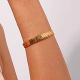 Geometric Cuban Chain Engraved Cuff Bracelet Stainless Steel CZ Paved Bangle