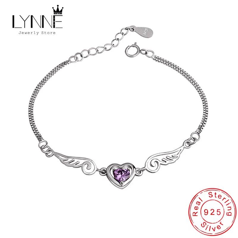 Heart Angel Wing Zircon Bracelet 925 Silver Purple CZ Charm Bracelet
