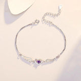 Heart Angel Wing Zircon Bracelet 925 Silver Purple CZ Charm Bracelet