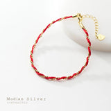 Sterling Silver Red Rope Bracelet Adjustable Geometric Link Chain Fine Jewelry