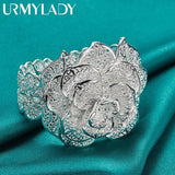 925 Silver Flower Bangle Cuff Bracelet Wedding Engagement Party Charm Jewelry