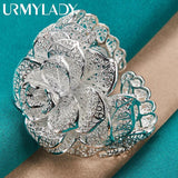 925 Silver Flower Bangle Cuff Bracelet Wedding Engagement Party Charm Jewelry