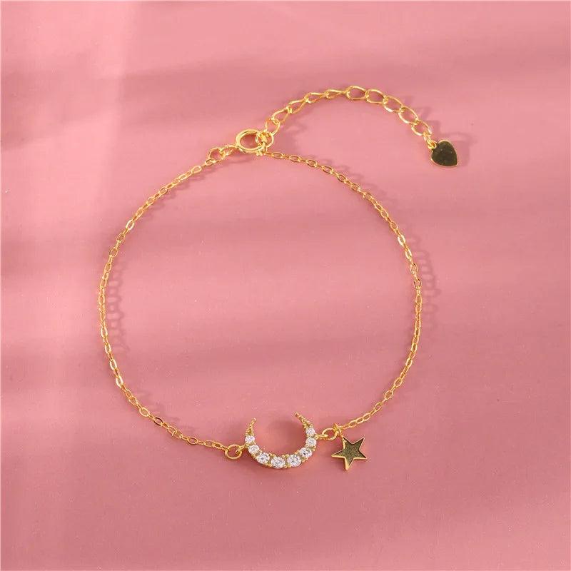925 Silver Zircon Moon Star Bracelet 14k Plated Women Jewelry