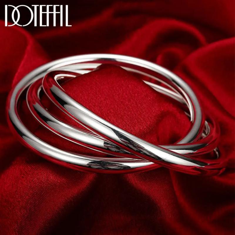 925 Silver Bracelet Bangle Three Lines Smooth High Solid Jewelry