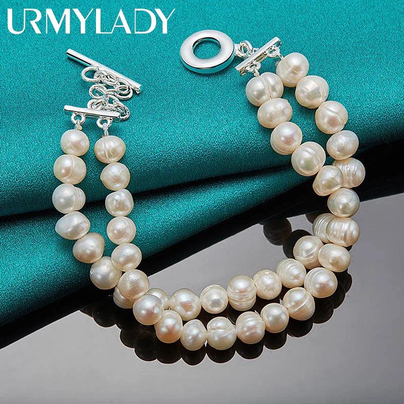 925 Silver Pearl Chain Bracelet Women Wedding Charm Jewelry
