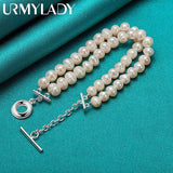 925 Silver Pearl Chain Bracelet Women Wedding Charm Jewelry