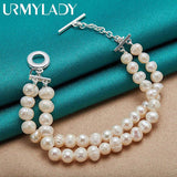 925 Silver Pearl Chain Bracelet Women Wedding Charm Jewelry