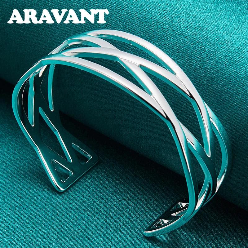 925 Silver Big Cuff Bracelet Bangle Women Jewelry