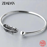 925 Sterling Silver Feather Charm Bracelet - Adjustable Bangle for Women