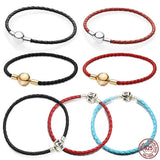 Leather Bracelet 925 Sterling Silver Bucket Buckle Round Buckle