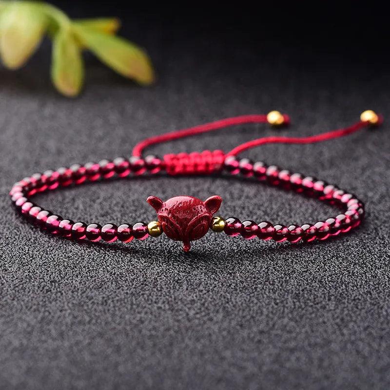 Hand Weave Red Rope Garnet Bracelet with Cinnabar Charm