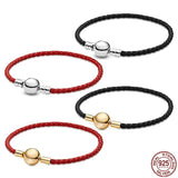925 Sterling Silver Red Woven Leather Bracelet with Round Buckle