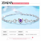 925 Silver Heart Amethyst Bracelet Chain Women Party Jewelry