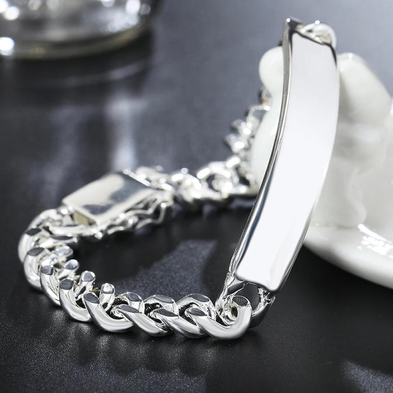 Sterling Silver Cuban Chain Bracelet 10mm Men Women Geometric Party Jewelry