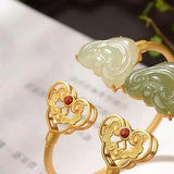 Retro Ruyi Women's Opening Bracelet Silver Gilding Hetian Jade Gray Jade