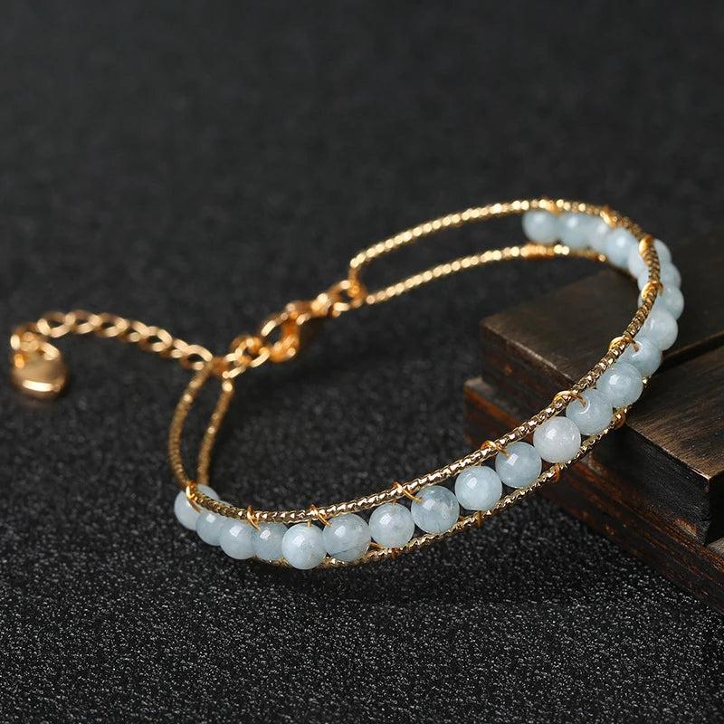 Aquamarine Stone Charm Bracelet Round Beads Xmas Gift