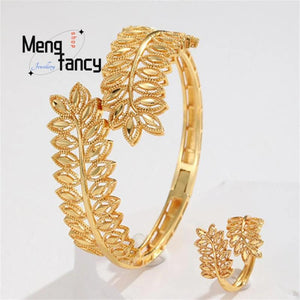 24K Openwork Bracelet Ring With Wheat Ears Charms Fine Jewelry Sets
