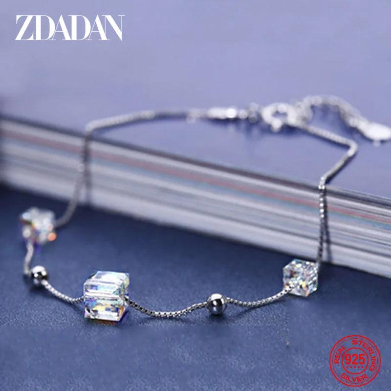 925 Silver Square Crystal Bracelet Women Wedding Jewelry