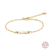 925 Silver Three Pearls Beads Chain Bracelet with Heart Charm