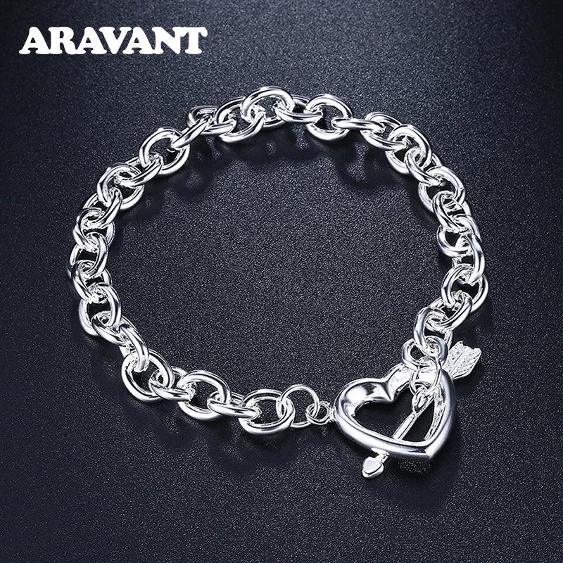 925 Silver Heart Link Bracelet Women
