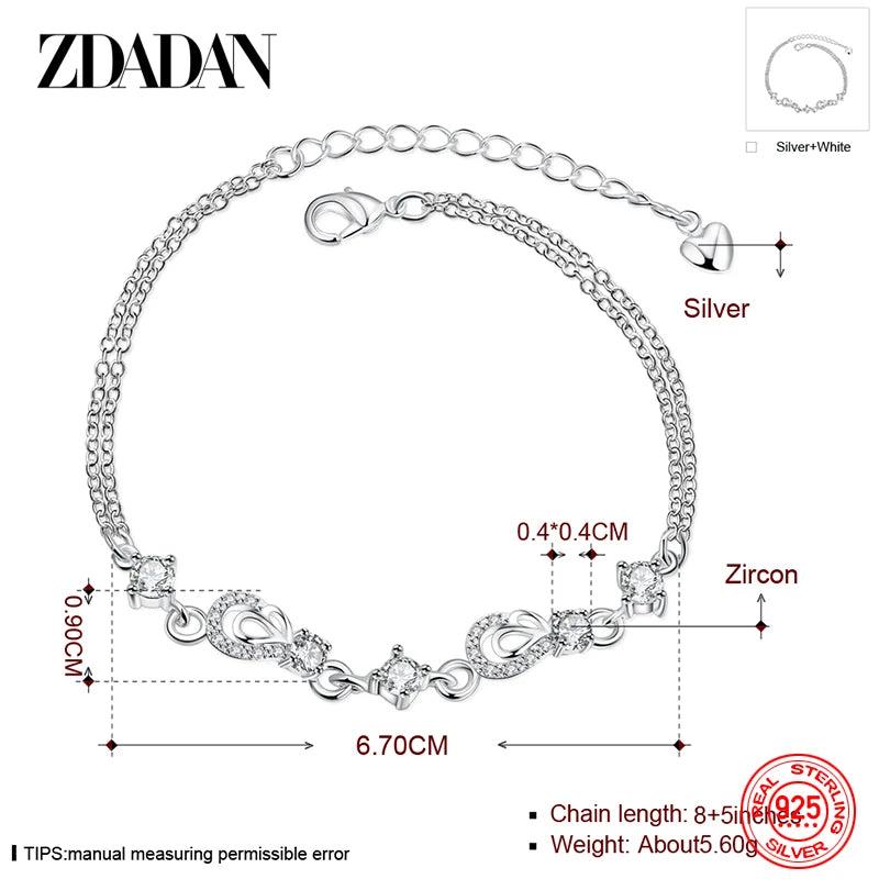 925 Silver Heart Amber Crystal Zircon Bracelet Wedding Jewelry