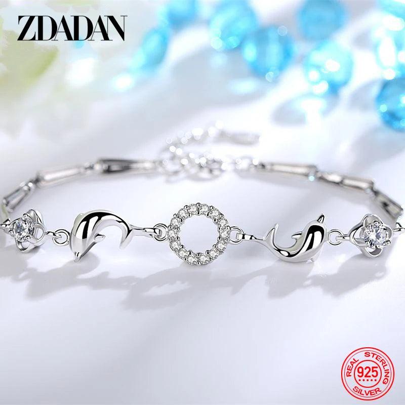 925 Silver Dolphin CZ Bracelet Chain For Women