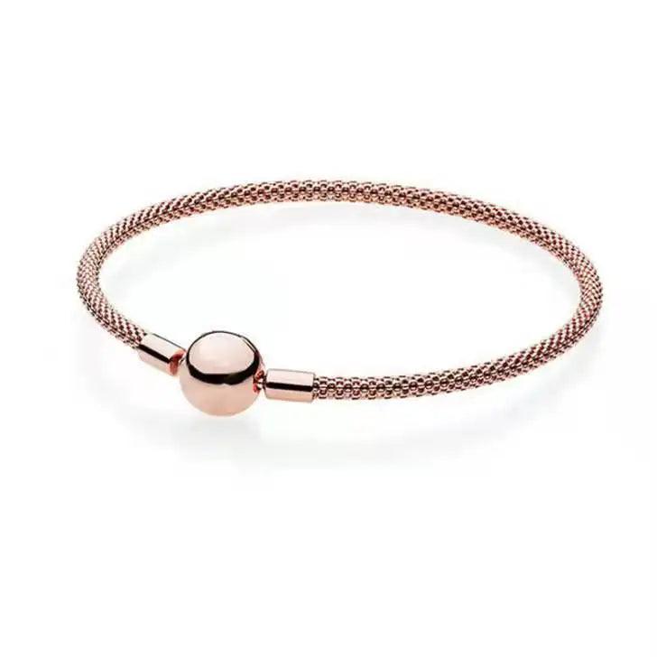 S925 Sterling Silver Rose Round Buckle Leather Woven Bracelet