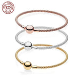 S925 Sterling Silver Rose Round Buckle Leather Woven Bracelet