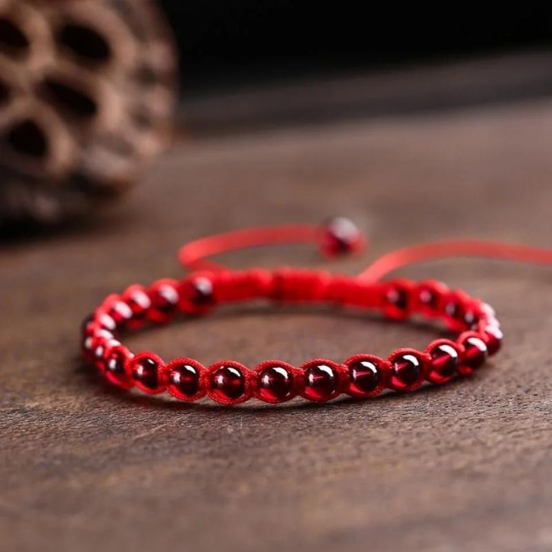 Red Garnet Bracelet Round Beads Red Rope DIY Bangle Jewelry Jade