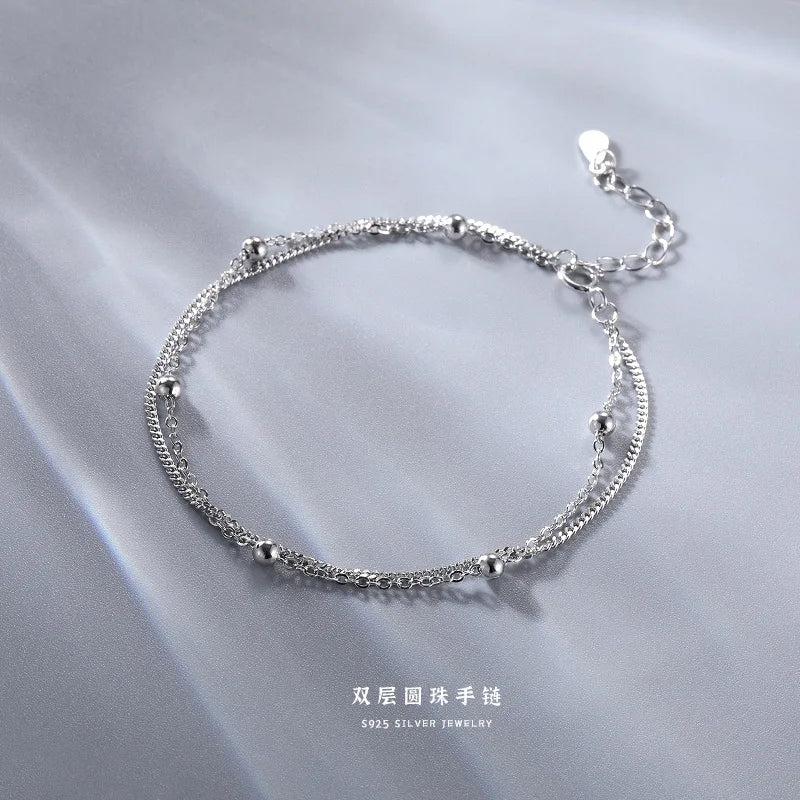 Double Layer 925 Sterling Silver Chain Bracelets Wedding Gift Lucky Jewelry
