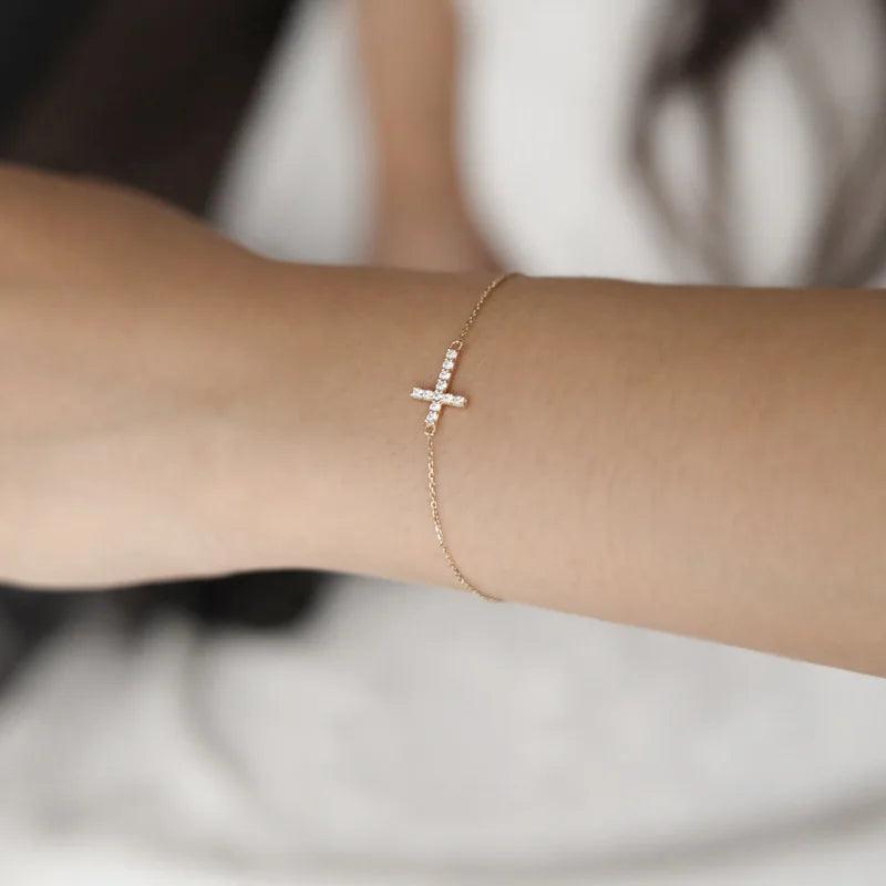 925 Silver Pav? Zircon Cross Bracelet Plated 14K Light Gift Jewelry