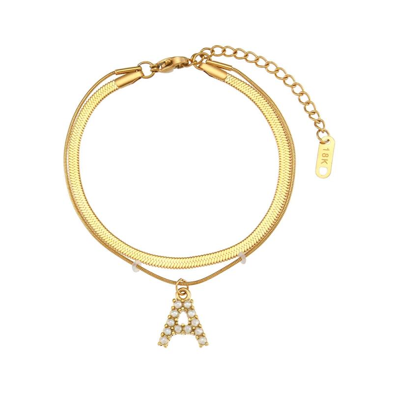 Personalized Pearl Zircon Stone Letter Charm Herringbone Chain Bracelet