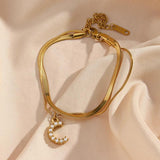 Personalized Pearl Zircon Stone Letter Charm Herringbone Chain Bracelet